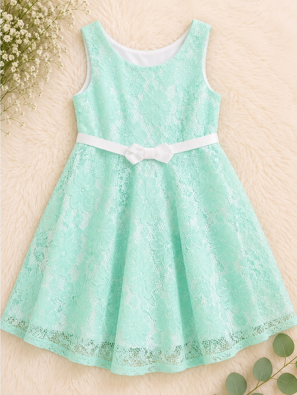 George Mint Lace Fit-and-Flare Dress with White Bow